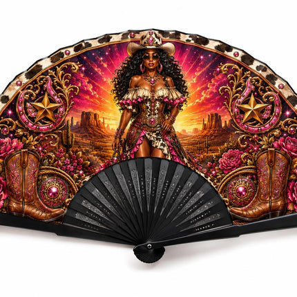 Western Clack Fan, Western Theme Print Folding Fan, Hot Pink Cowgirl Fan, Personalized Birthday Fan, Black ABS Plastic Ribs