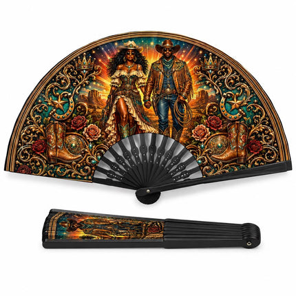 Western Clack Fan, Western Theme Print Folding Fan, Hot Pink Cowgirl Fan, Black ABS Plastic Ribs