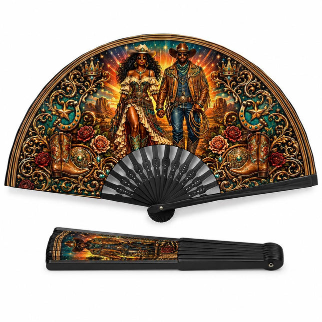 Western Clack Fan, Western Theme Print Folding Fan, Hot Pink Cowgirl Fan, Black ABS Plastic Ribs