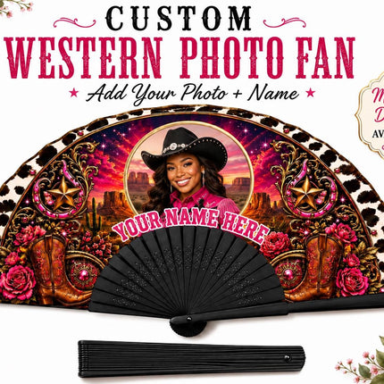 Custom Western Photo Clack Fan, Cow Print Folding Fan, Hot Pink Cowgirl Fan, Personalized Birthday Fan, Black ABS Plastic Ribs