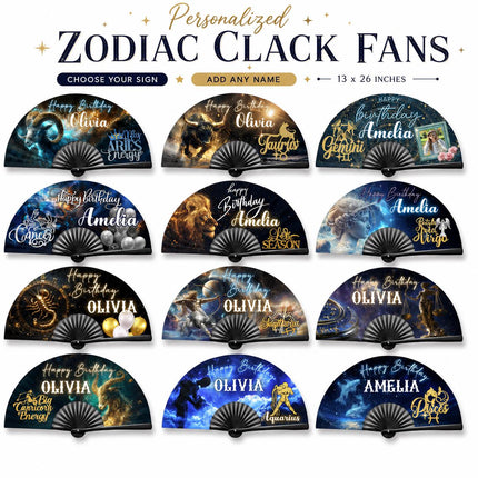Personalized Zodiac Clack Fan, Custom Birthday Astrology Fan, 13x26 Folding Hand Fan, Aries Leo Virgo Libra Gift, Name Fan