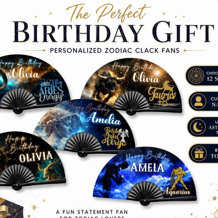 Personalized Zodiac Clack Fan, Custom Birthday Astrology Fan, 13x26 Folding Hand Fan, Aries Leo Virgo Libra Gift, Name Fan