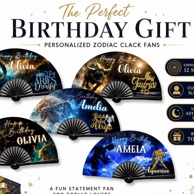 Personalized Zodiac Clack Fan, Custom Birthday Astrology Fan, 13x26 Folding Hand Fan, Aries Leo Virgo Libra Gift, Name Fan