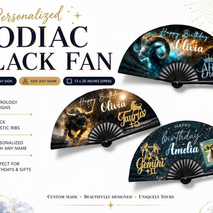 Personalized Zodiac Clack Fan, Custom Birthday Astrology Fan, 13x26 Folding Hand Fan, Aries Leo Virgo Libra Gift, Name Fan