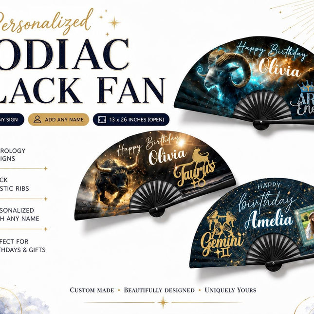 Personalized Zodiac Clack Fan, Custom Birthday Astrology Fan, 13x26 Folding Hand Fan, Aries Leo Virgo Libra Gift, Name Fan