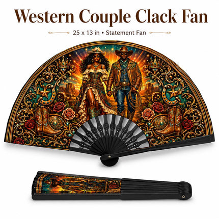Western Clack Fan, Western Theme Print Folding Fan, Hot Pink Cowgirl Fan, Black ABS Plastic Ribs