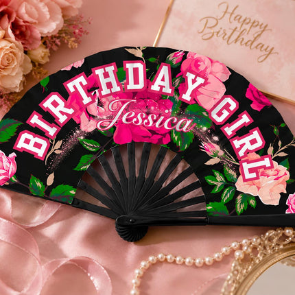 Personalized Birthday Girl Clack Fan, Custom Birthday Fan, Pink Floral Birthday Fan, Birthday Party Fan, Add Any Name, Birthday Queen Gift