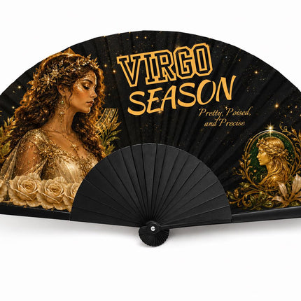 Virgo Season Clack Fan, Virgo Birthday Fan, Zodiac Folding Fan, Astrology Gift, Black Gold Clack Fan, Pretty Poised Precise Fan