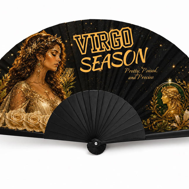 Virgo Season Clack Fan, Virgo Birthday Fan, Zodiac Folding Fan, Astrology Gift, Black Gold Clack Fan, Pretty Poised Precise Fan