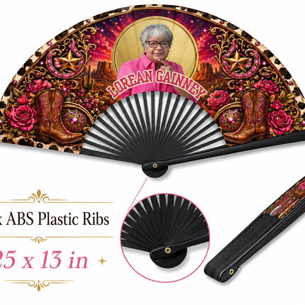 Custom Western Photo Clack Fan, Cow Print Folding Fan, Hot Pink Cowgirl Fan, Personalized Birthday Fan, Black ABS Plastic Ribs