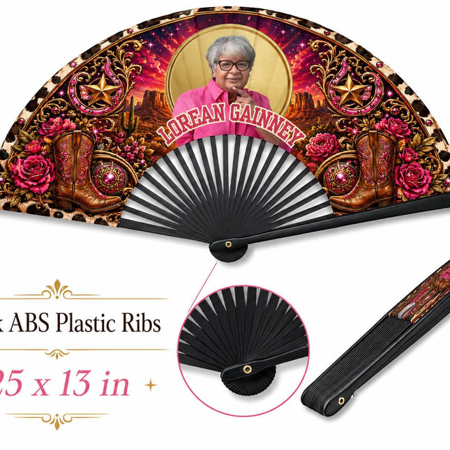 Custom Western Photo Clack Fan, Cow Print Folding Fan, Hot Pink Cowgirl Fan, Personalized Birthday Fan, Black ABS Plastic Ribs