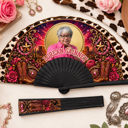 Custom Western Photo Clack Fan, Cow Print Folding Fan, Hot Pink Cowgirl Fan, Personalized Birthday Fan, Black ABS Plastic Ribs