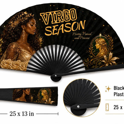 Virgo Season Clack Fan, Virgo Birthday Fan, Zodiac Folding Fan, Astrology Gift, Black Gold Clack Fan, Pretty Poised Precise Fan