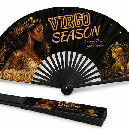 Virgo Season Clack Fan, Virgo Birthday Fan, Zodiac Folding Fan, Astrology Gift, Black Gold Clack Fan, Pretty Poised Precise Fan