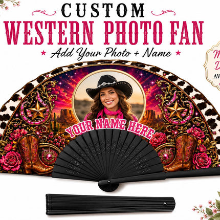 Custom Western Photo Clack Fan, Cow Print Folding Fan, Hot Pink Cowgirl Fan, Personalized Birthday Fan, Black ABS Plastic Ribs