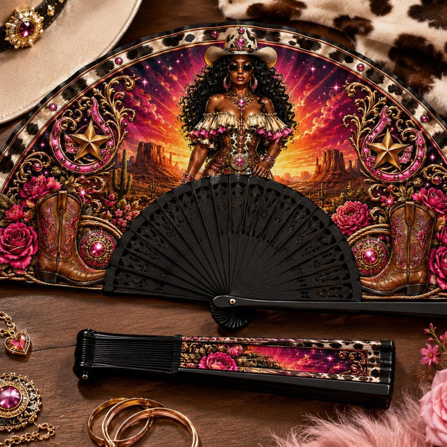Western Clack Fan, Western Theme Print Folding Fan, Hot Pink Cowgirl Fan, Personalized Birthday Fan, Black ABS Plastic Ribs