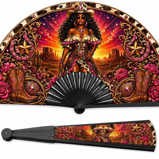Western Clack Fan, Western Theme Print Folding Fan, Hot Pink Cowgirl Fan, Personalized Birthday Fan, Black ABS Plastic Ribs