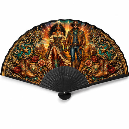 Western Clack Fan, Western Theme Print Folding Fan, Hot Pink Cowgirl Fan, Black ABS Plastic Ribs