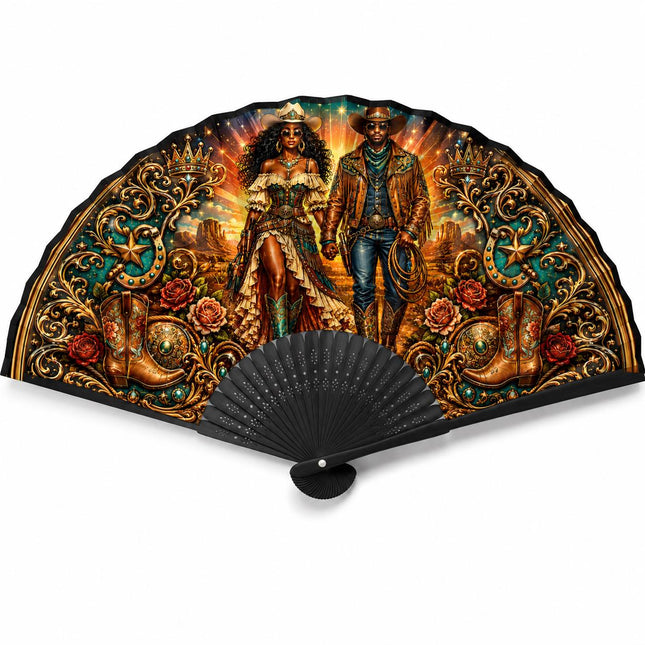 Western Clack Fan, Western Theme Print Folding Fan, Hot Pink Cowgirl Fan, Black ABS Plastic Ribs