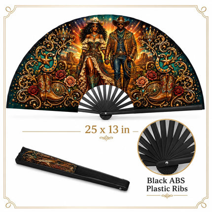 Western Clack Fan, Western Theme Print Folding Fan, Hot Pink Cowgirl Fan, Black ABS Plastic Ribs