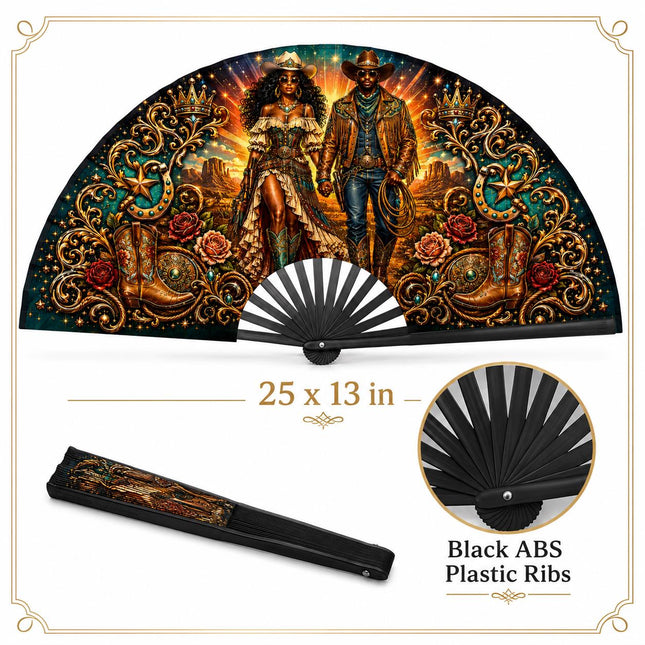 Western Clack Fan, Western Theme Print Folding Fan, Hot Pink Cowgirl Fan, Black ABS Plastic Ribs