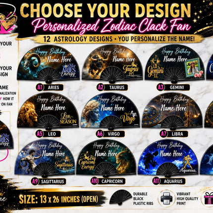 Personalized Zodiac Clack Fan, Custom Birthday Astrology Fan, 13x26 Folding Hand Fan, Aries Leo Virgo Libra Gift, Name Fan