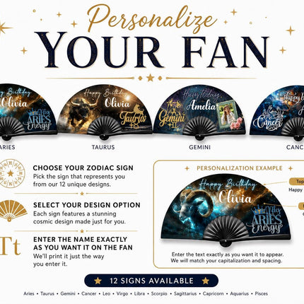 Personalized Zodiac Clack Fan, Custom Birthday Astrology Fan, 13x26 Folding Hand Fan, Aries Leo Virgo Libra Gift, Name Fan