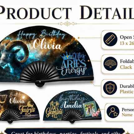 Personalized Zodiac Clack Fan, Custom Birthday Astrology Fan, 13x26 Folding Hand Fan, Aries Leo Virgo Libra Gift, Name Fan
