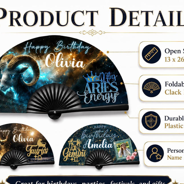 Personalized Zodiac Clack Fan, Custom Birthday Astrology Fan, 13x26 Folding Hand Fan, Aries Leo Virgo Libra Gift, Name Fan