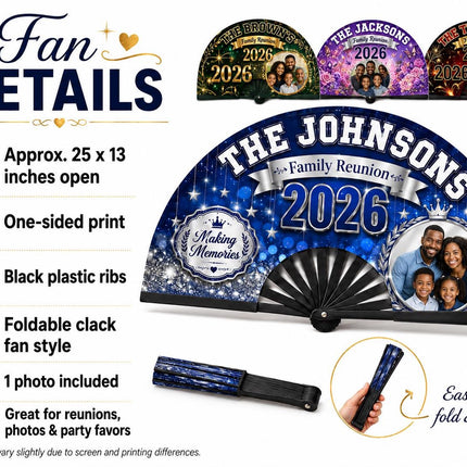 Photo family reunion clack fan with 1 photo Custom Family Reunion Clack Fan, Personalized Family Name Fan, 2026 Reunion Favor,