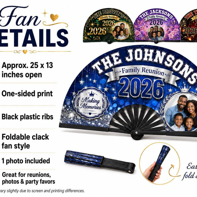 Photo family reunion clack fan with 1 photo Custom Family Reunion Clack Fan, Personalized Family Name Fan, 2026 Reunion Favor,
