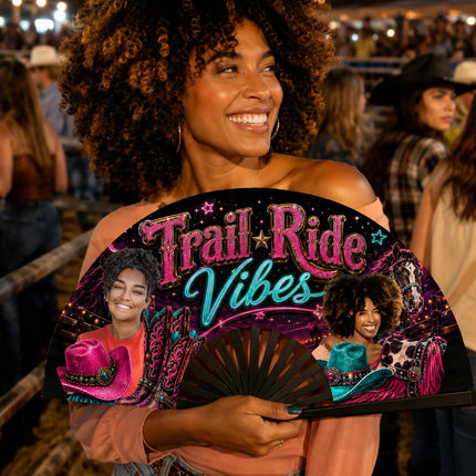 Personalized Trail Ride Vibes clack fan with two custom photos, pink western boots, horses and turquoise accents.