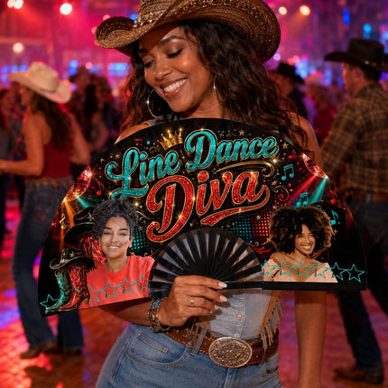 Line Dance Diva custom photo clack fan featuring western boots, music notes, red and turquoise decorations.