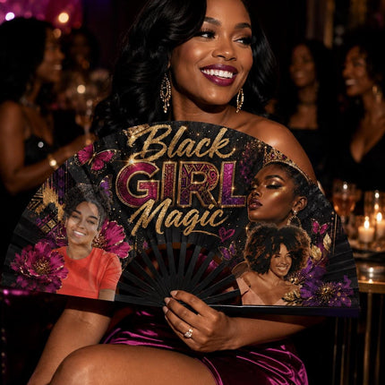 Black Girl Magic custom photo folding fan with pink, purple, black and gold flowers, butterflies and crown details.