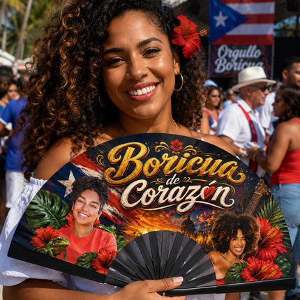 Boricua de Corazón personalized clack fan with custom photos, Puerto Rican flag, tropical flowers and island decorations.