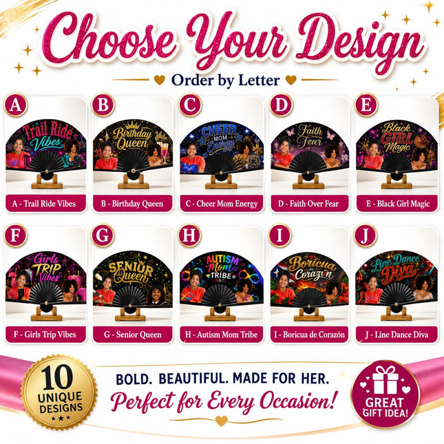 Photo Clack Fan, Pre Designed Folding Fan for Birthdays, Girls Trips, Cheer Moms and Events
