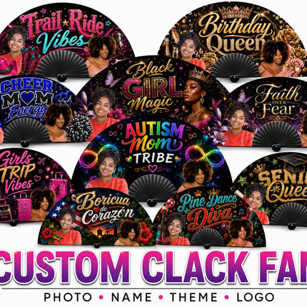 Photo Clack Fan, Pre Designed Folding Fan for Birthdays, Girls Trips, Cheer Moms and Events