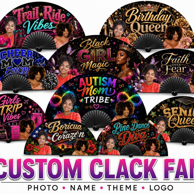 Photo Clack Fan, Pre Designed Folding Fan for Birthdays, Girls Trips, Cheer Moms and Events