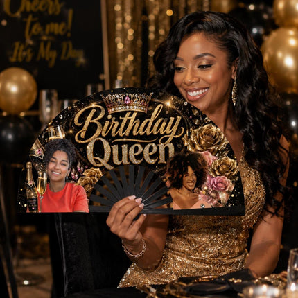 Custom Birthday Queen folding clack fan with two photos, black and gold roses, crown, champagne and sparkling details.