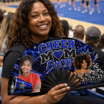 Personalized Cheer Mom Energy clack fan with two custom photos in blue, black and silver cheerleading colors.