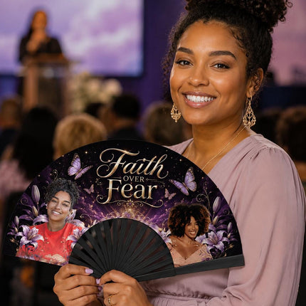 Faith Over Fear personalized photo clack fan with purple flowers, butterflies and elegant gold lettering.