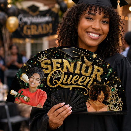 Senior Queen graduation photo clack fan with black, green and gold cap, diploma, crown and custom pictures.