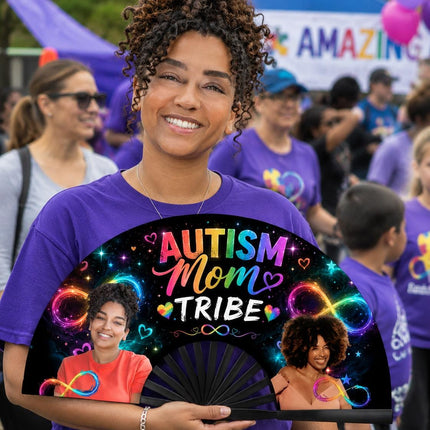 Autism Mom Tribe personalized photo fan with colorful infinity symbols, rainbow lettering and two custom photos