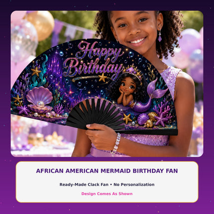 African American Mermaid Birthday Clack Fan, Black Girl Mermaid Party Fan, Birthday Party Fan, Purple Mermaid Fan, Kids Birthday Photo Prop
