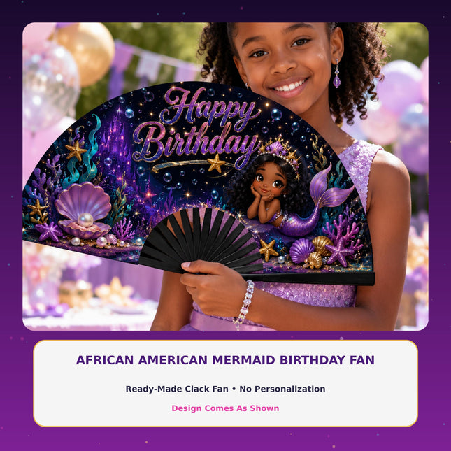 African American Mermaid Birthday Clack Fan, Black Girl Mermaid Party Fan, Birthday Party Fan, Purple Mermaid Fan, Kids Birthday Photo Prop
