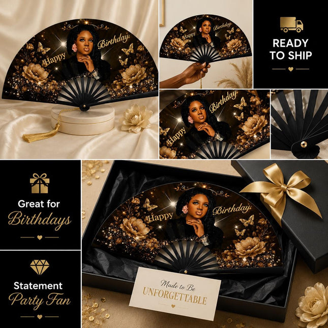 Custom Birthday Clack Fan With Photo, Personalized Birthday Fan, Add Your Photo Party Fan, Black Gold Floral Hand Fan, Birthday Gift for Her