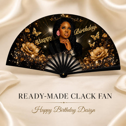 Custom Birthday Clack Fan With Photo, Personalized Birthday Fan, Add Your Photo Party Fan, Black Gold Floral Hand Fan, Birthday Gift for Her