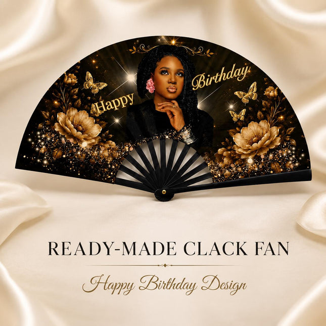 Custom Birthday Clack Fan With Photo, Personalized Birthday Fan, Add Your Photo Party Fan, Black Gold Floral Hand Fan, Birthday Gift for Her