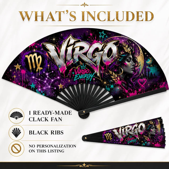 Virgo Clack Fan, Virgo Birthday Fan, Zodiac Folding Fan, Graffiti fan