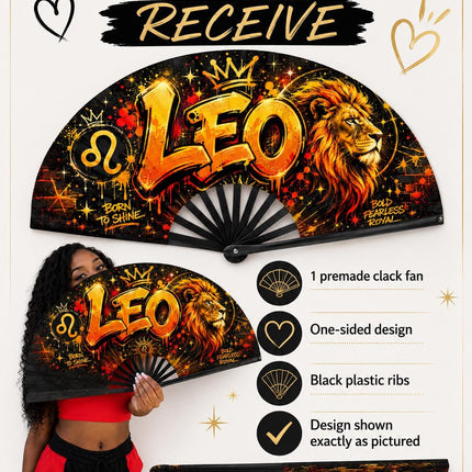 Leo Season Clack Fan, Custom Zodiac Fan, Leo Birthday Fan, Astrology Gift, Crowned in Confidence Fan, Festival Fan, - Predesigned